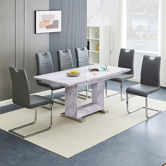 Photo of Lorence extending grey dining table with 6 petra grey chairs