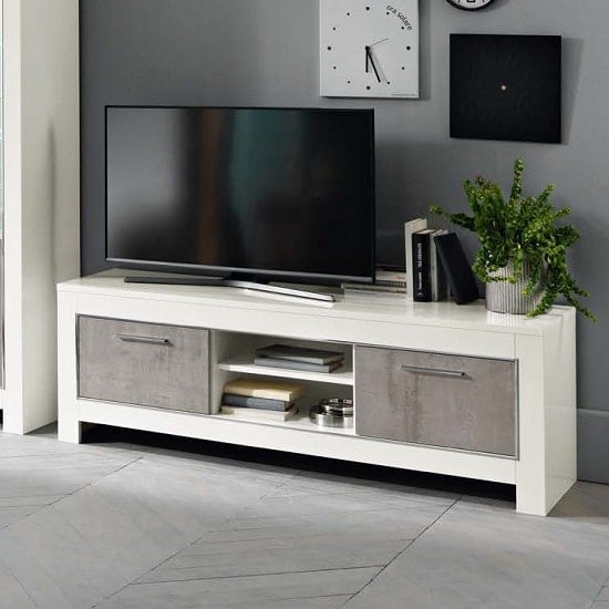 View Lorenz medium tv stand in marble effect and white high gloss