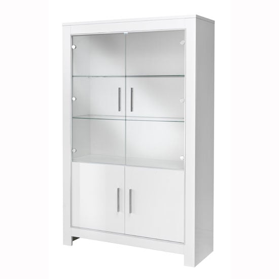 View Lorenz wide glass display cabinet in white high gloss with led