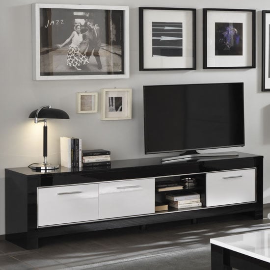 Product photograph of Lorenz Large Tv Stand In Black And White High Gloss With 3 Doors from Furniture in Fashion