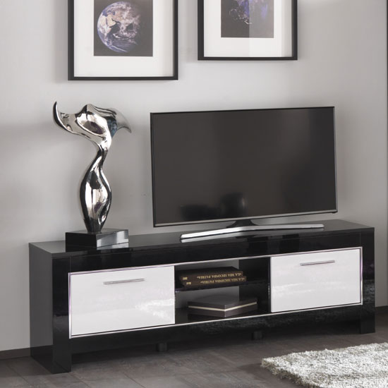 Photo of Lorenz medium tv stand in black and white high gloss with 2 door
