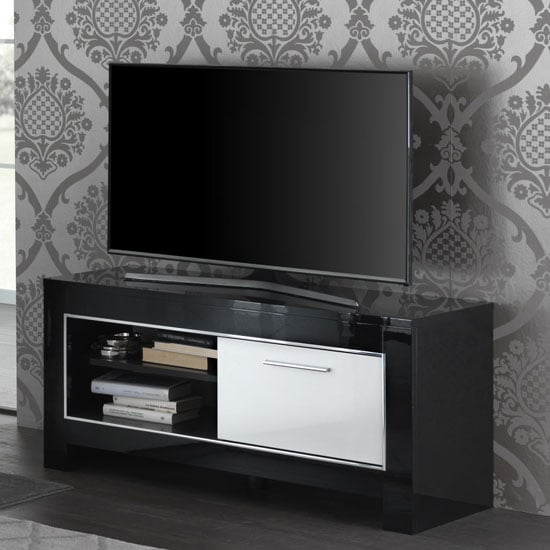 Read more about Lorenz small tv stand in black and white high gloss with 1 door