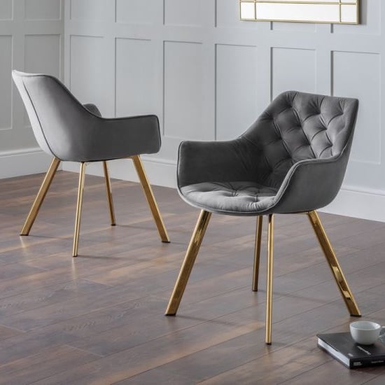 Read more about Landen grey velvet dining chairs with gold legs in pair