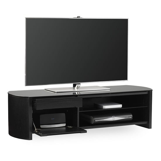 Read more about Flare large black glass tv stand with black oak wooden frame