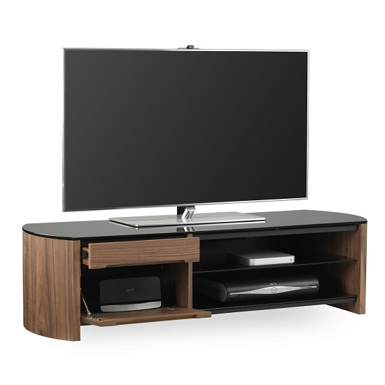 Read more about Flare large black glass tv stand with walnut wooden frame