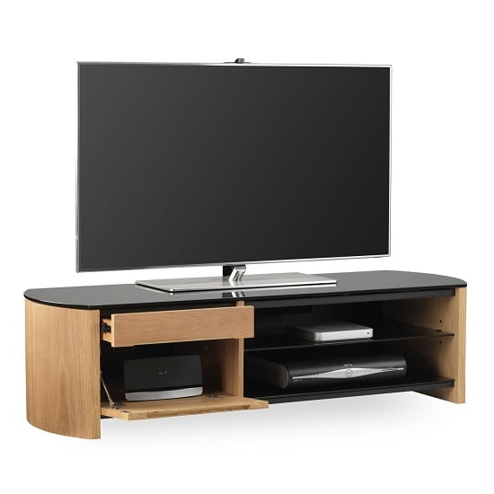 Product photograph of Flore Medium Wooden Tv Cabinet In Light Oak With Black Glass from Furniture in Fashion