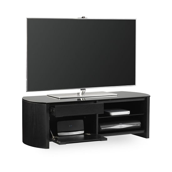 Product photograph of Flore Small Wooden Tv Cabinet In Black Oak With Black Glass from Furniture in Fashion