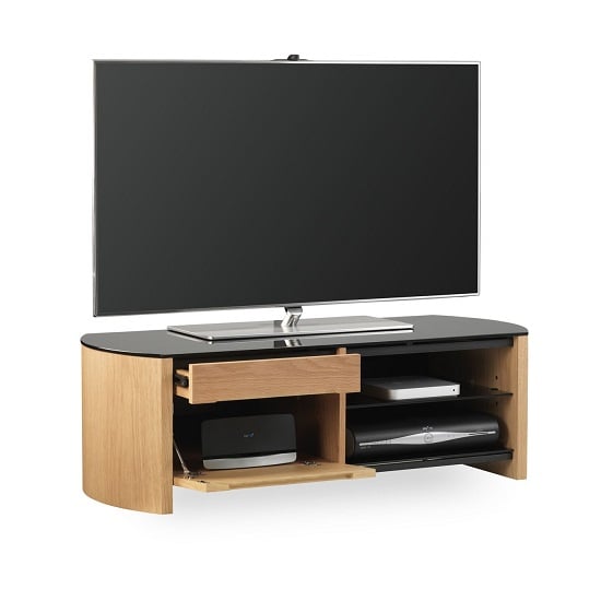 Product photograph of Flore Small Wooden Tv Cabinet In Light Oak With Black Glass from Furniture in Fashion