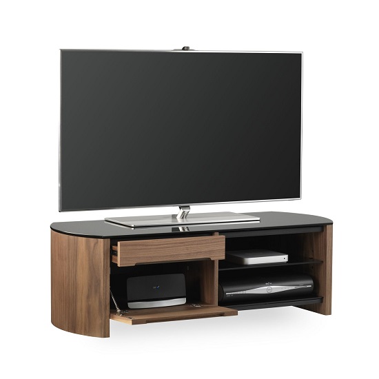 Read more about Flare small black glass tv stand with walnut wooden frame