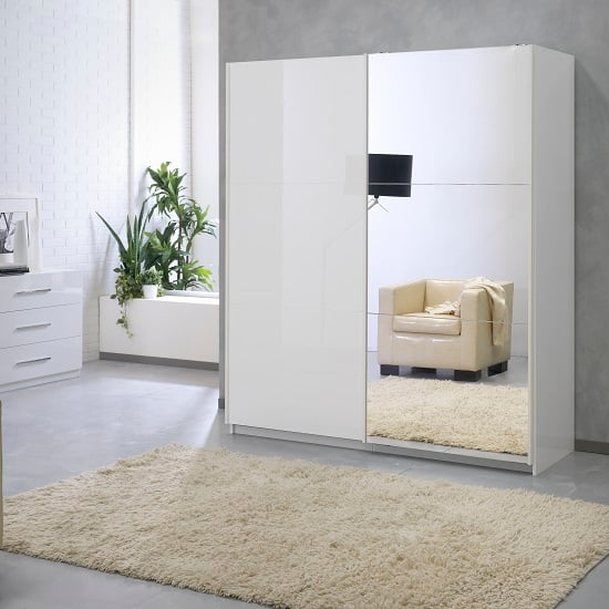 Luciano Mirrored Sliding Wardrobe Medium In White High Gloss