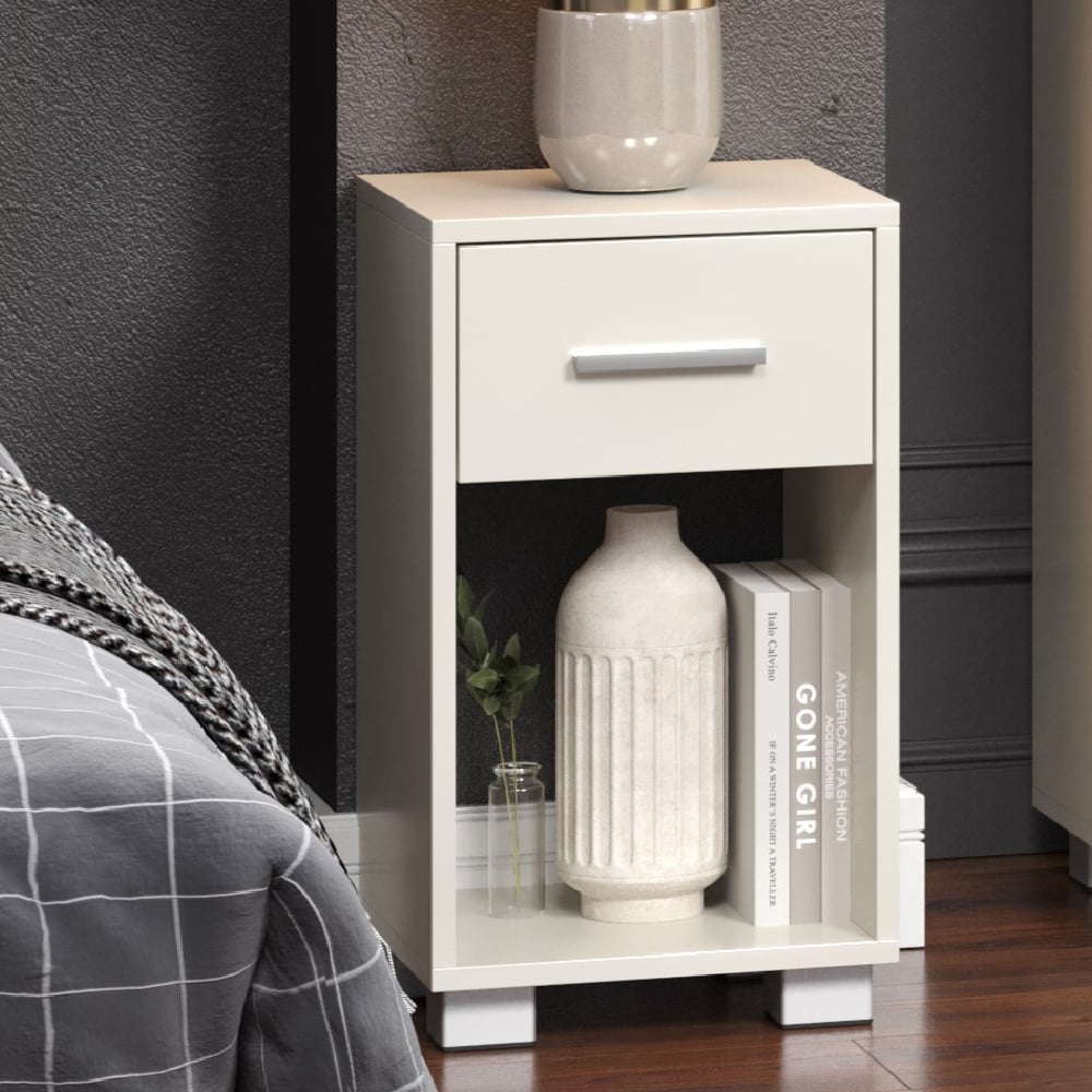 lufkin wooden bedside cabinet with 1 drawer in white