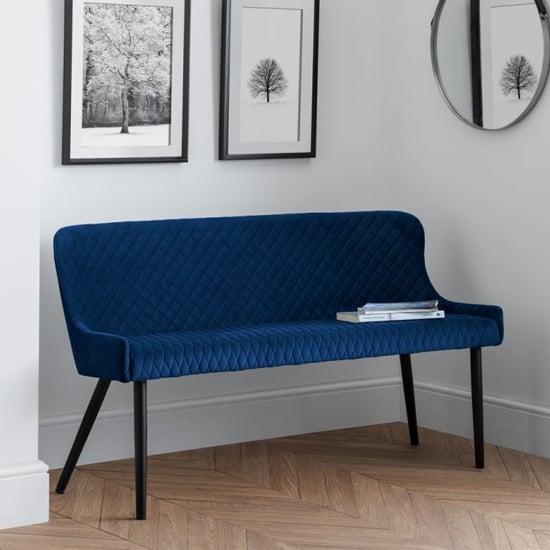 Read more about Lakia high back velvet upholstered dining bench in blue