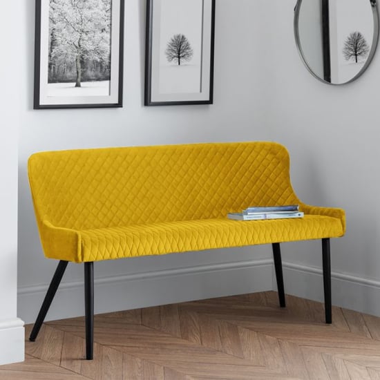 Read more about Lakia high back velvet upholstered dining bench in mustard