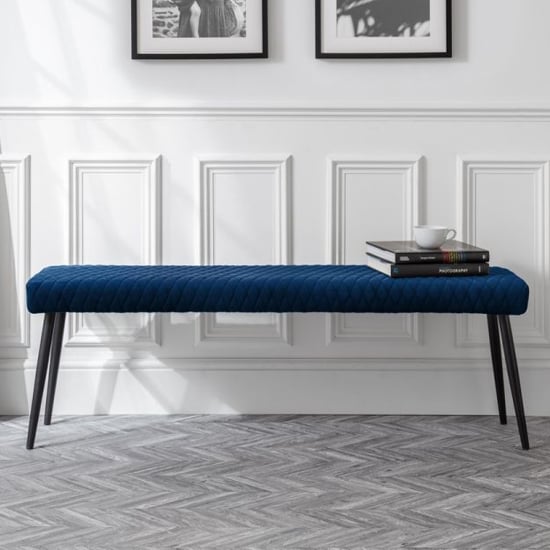 Read more about Lakia low velvet upholstered dining bench in blue