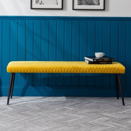 Read more about Lakia low velvet upholstered dining bench in mustard