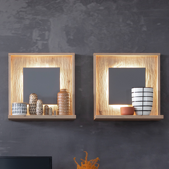 Read more about Lviv wooden wall shelf in oak and royal grey with led