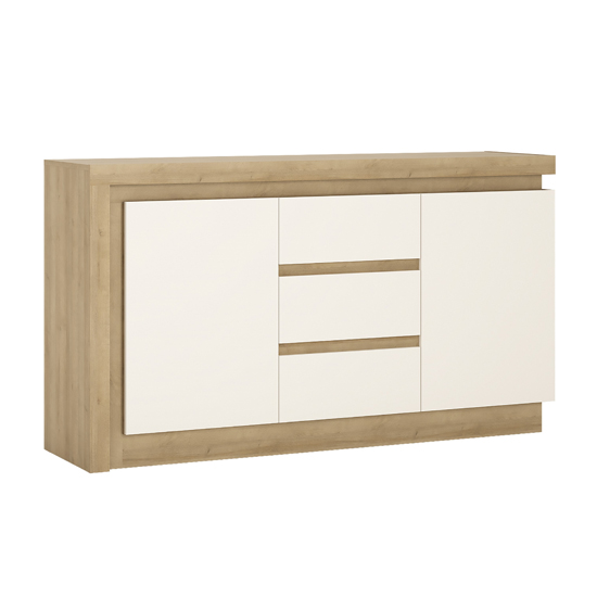 Read more about Lyco led 2 door 3 drawer sideboard in riviera oak white gloss
