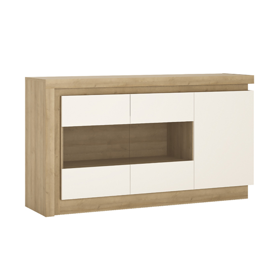 Read more about Lyco led 3 door glazed sideboard in riviera oak and white gloss