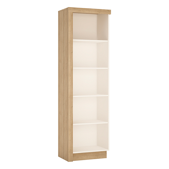 Photo of Lyco right handed bookcase in riviera oak and white high gloss