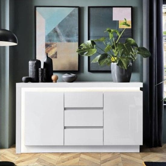 Product photograph of Lyon White High Gloss Sideboard With 2 Doors 3 Drawers And Led from Furniture in Fashion