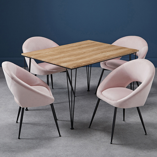 Read more about Lyza medium oak wooden dining table with 4 lolo pink chairs