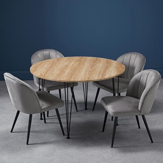Read more about Lyza round oak wooden dining table with 4 orzo grey chairs