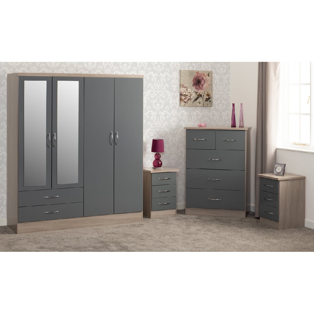 mack gloss mirrored bedroom furniture set with 4 doors in grey