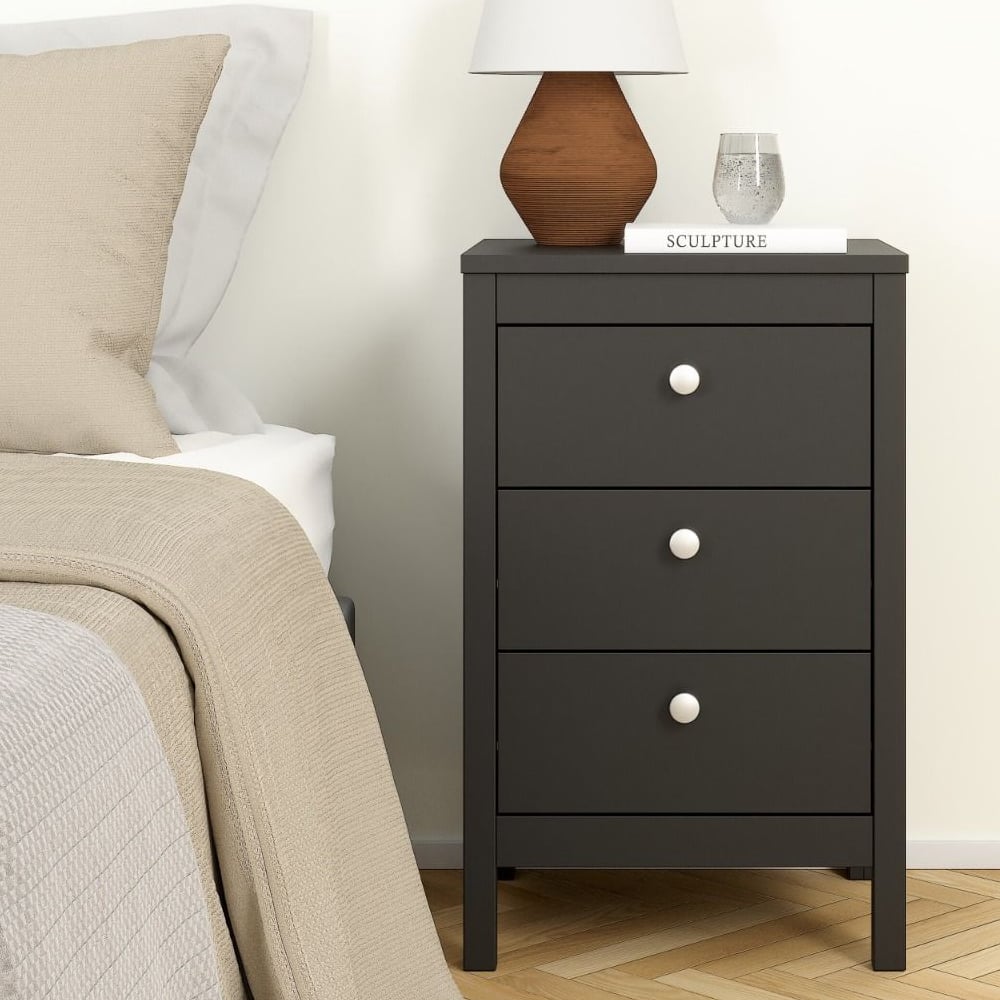 macron wooden bedside cabinet with 3 drawers in matt black