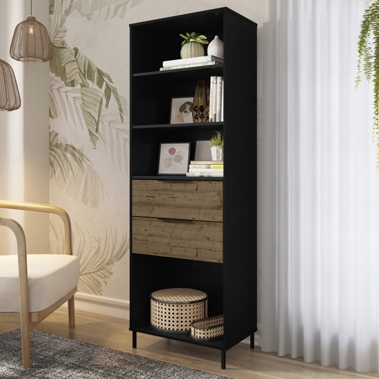 Madric Wooden Bookcase In Black And Acacia Effect | Furniture in Fashion