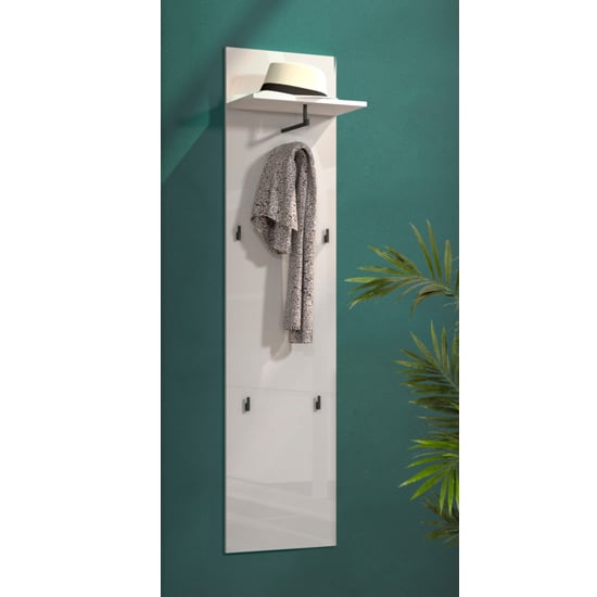 Product photograph of Maestro High Gloss Coat Rack With Shelf And Hooks In White from Furniture in Fashion