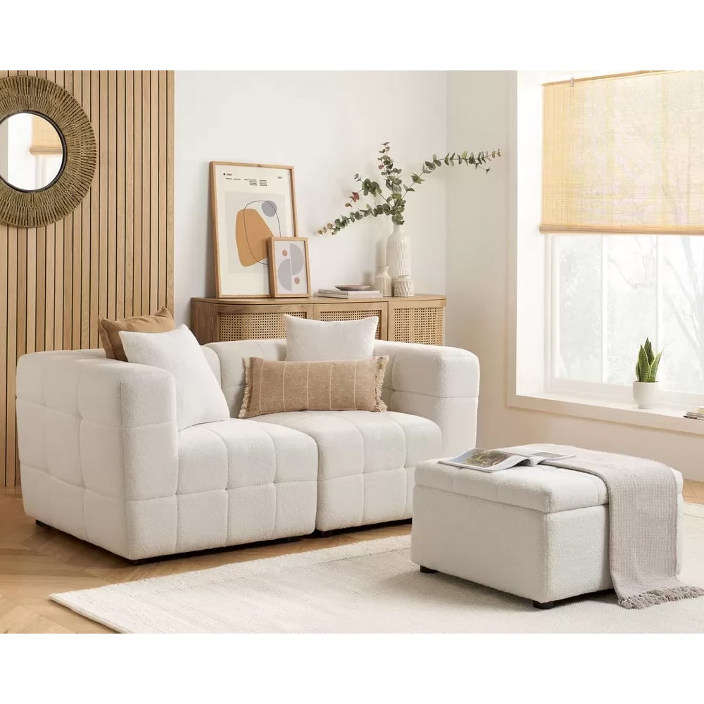 maize boucle fabric 2 seater sofa with footstool in white