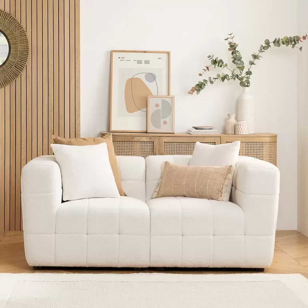 maize boucle fabric 2 seater sofa in white