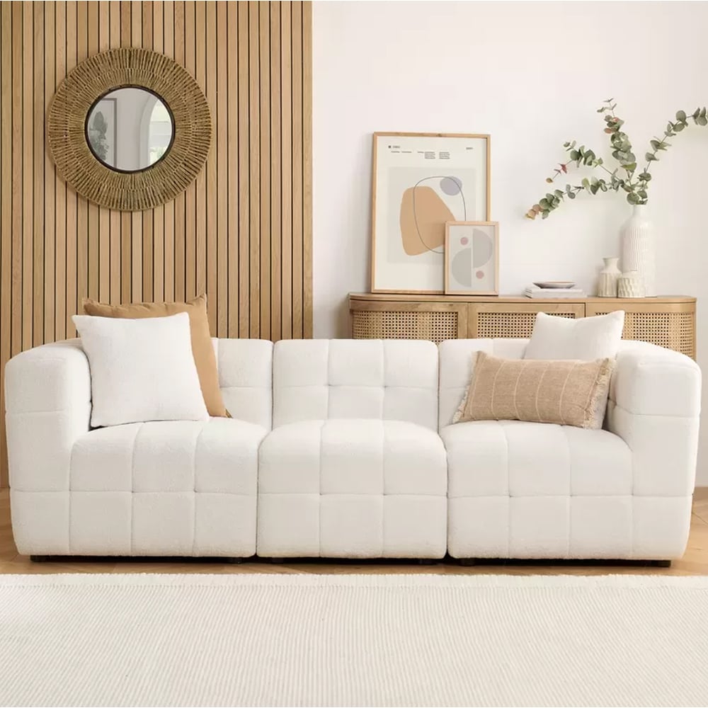 maize boucle fabric 3 seater sofa in white