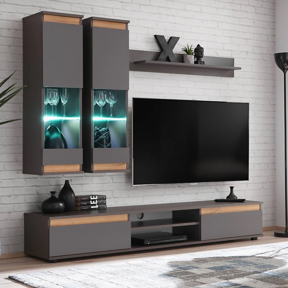 maize wooden entertainment unit in matt grey with led