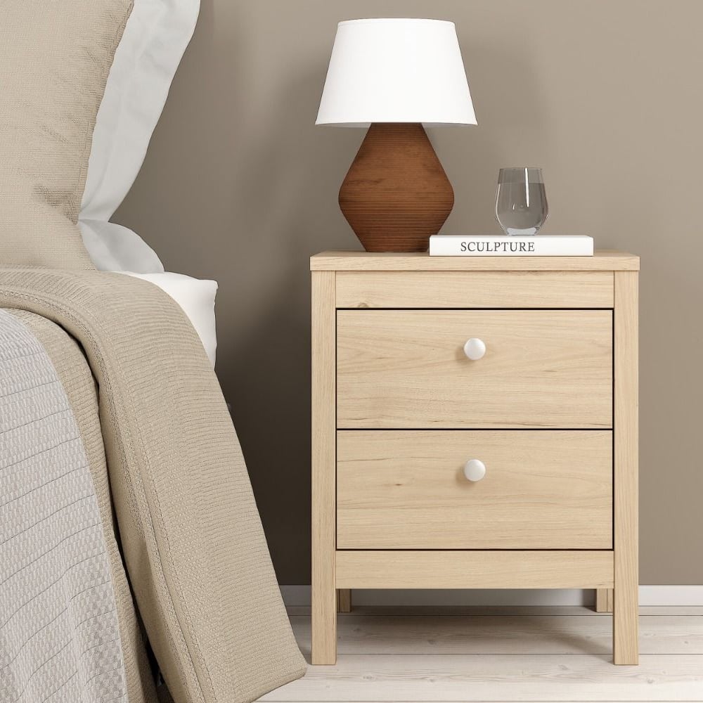 malibu wooden bedside cabinet with 2 drawers in oak