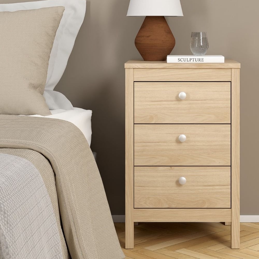 Product photograph of Malibu Wooden Bedside Cabinet With 3 Drawers In Oak from Furniture in Fashion