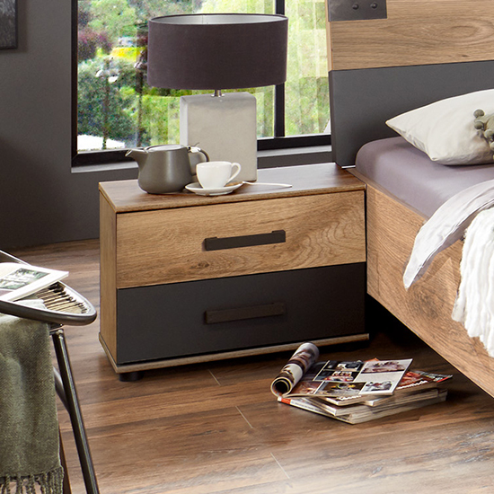 Read more about Malmo wooden bedside cabinet in planked oak and graphite