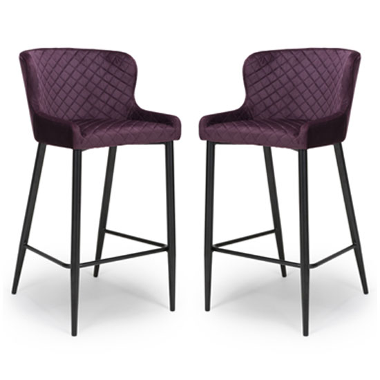 Photo of Malmo mulberry velvet fabric bar stool with metal base in pair