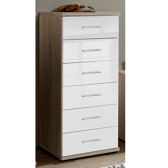 Product photograph of Malta Chest Of Drawers In High Gloss White And Oak With 6 Drawer from Furniture in Fashion