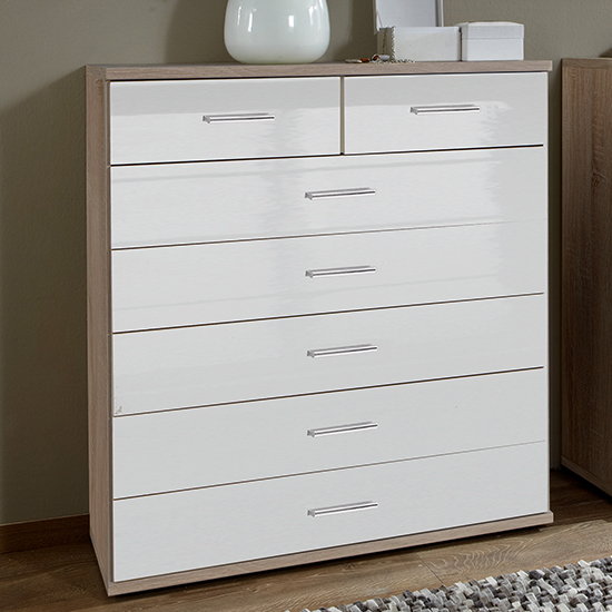 Product photograph of Malta Chest Of Drawers In High Gloss White And Oak With 7 Drawer from Furniture in Fashion
