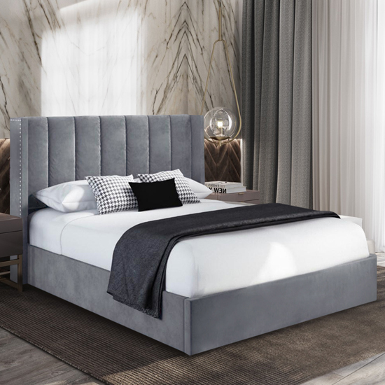 Photo of Manchester plush velvet upholstered super king size bed in steel