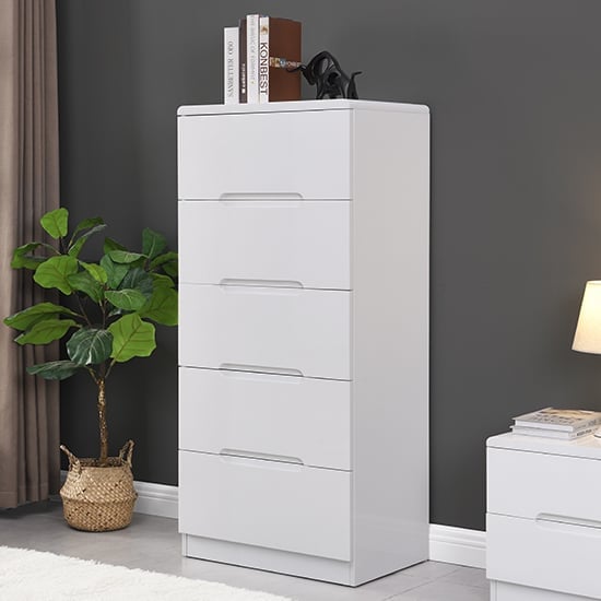 Product photograph of Manhattan Tall High Gloss Chest Of 5 Drawers In White from Furniture in Fashion