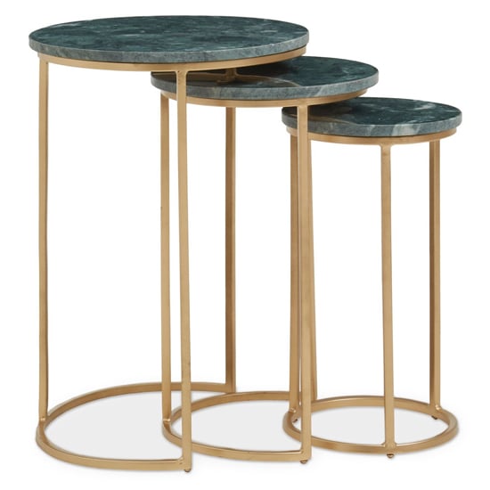 Read more about Mania round green marble top nest of 3 tables with gold frame