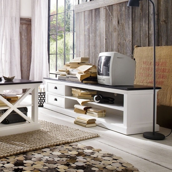Read more about Allthorp solid wood tv stand large in white and black top