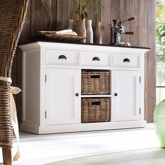 View Allthorp solid wood sideboard white and black top with baskets