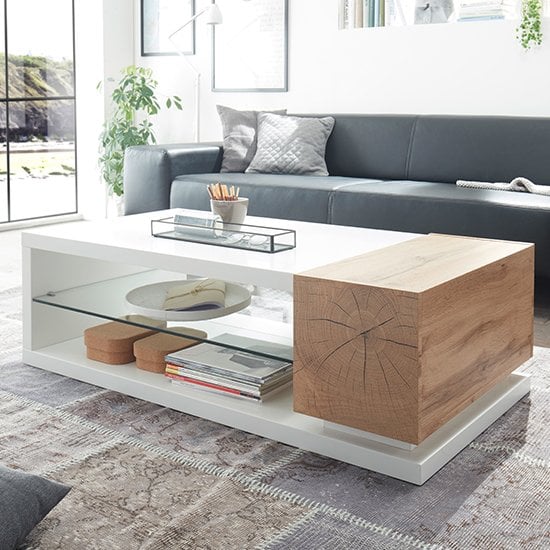 Read more about Manisa wooden coffee table in matt white with clear glass shelf