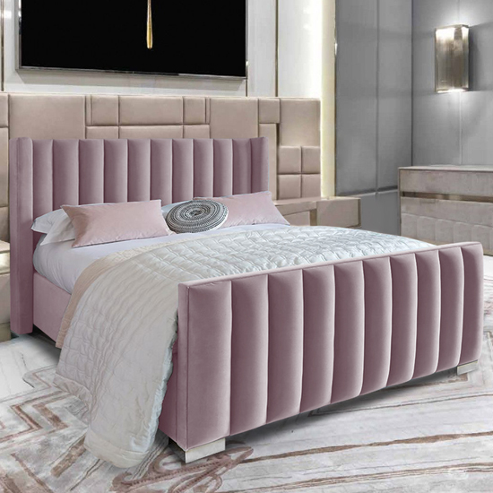Photo of Mansfield plush velvet upholstered double bed in pink