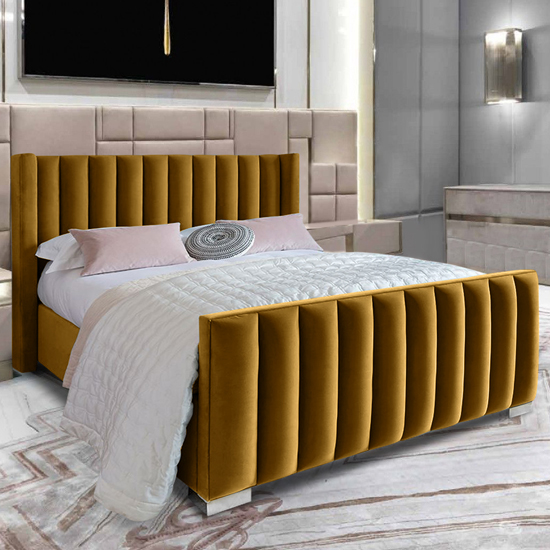 Product photograph of Mansfield Plush Velvet Upholstered King Size Bed In Mustard from Furniture in Fashion