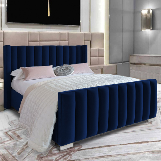 Photo of Mansfield plush velvet upholstered small double bed in blue