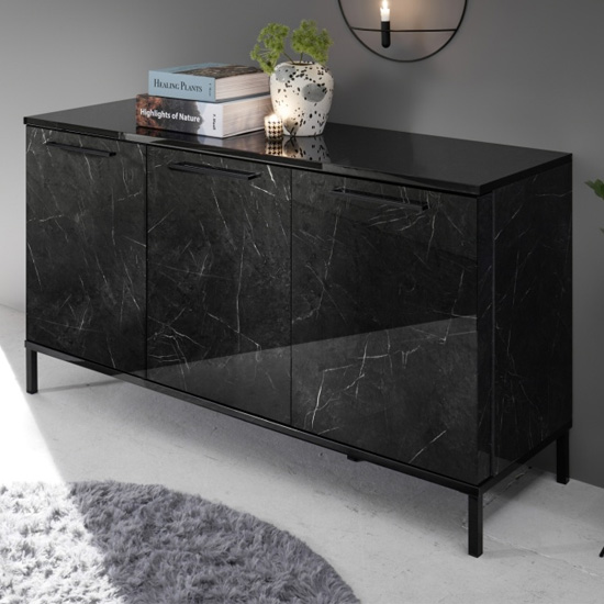 Product photograph of Manvos Wooden Sideboard In Black High Gloss Marble Effect from Furniture in Fashion
